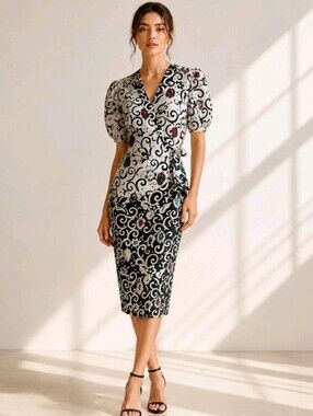 Vintage 90s Y2K Black White Baroque Scroll Wrap Midi Dress Puff Sleeve Size 12